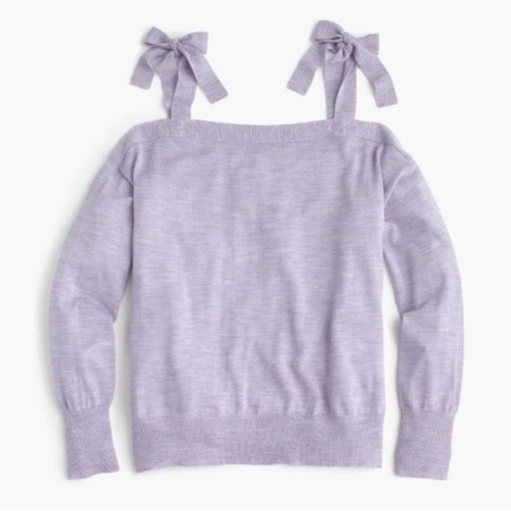 J.Crew 100% Merino Wool LILAC Cold Shoulder Sweater Bow Tie Shoulder Straps